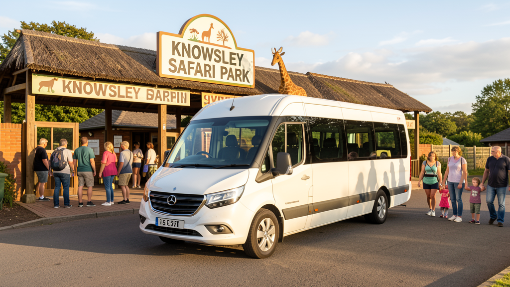Minibus parked at Knowsley Safari Park entrance near Liverpool for group day trip