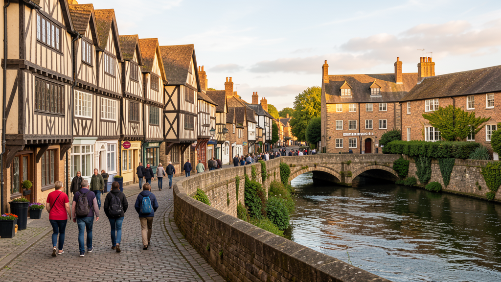 Tudor buildings in Stratford-upon-Avon town center for group day trips from Liverpool